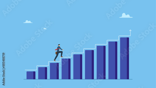 Businessman walk up growth chart and graph with stair to success. Progress or improvement to success, step forward to grow business, journey to achieve goal, ambition or career path.