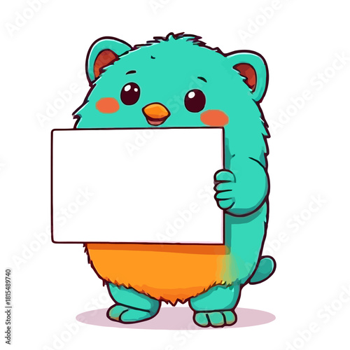 A cartoon fuzzy teal bear with rosy cheeks and orange chest fur holding a blank white sign