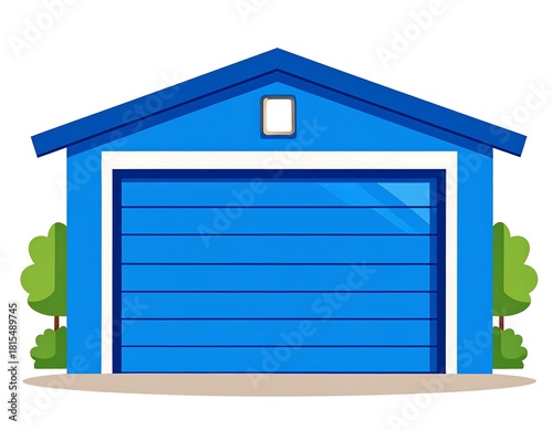 Blue cartoon garage with door, roof, bushes, and a small rectangular window