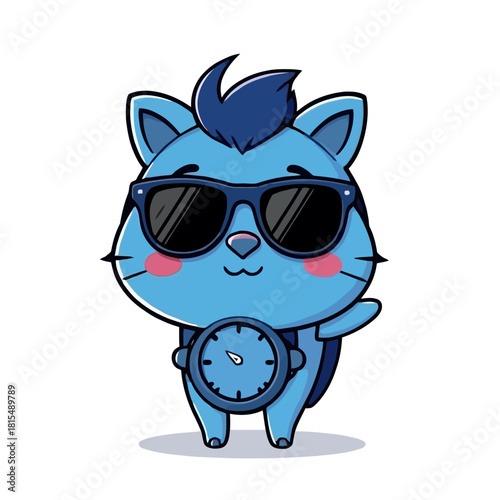A cartoonish blue cat with sunglasses and a clock pendant stands on a white background