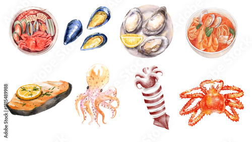 Seafood Watercolor Clipart Fish, Shellfish, and Marine Life