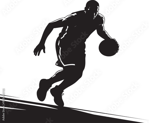 A dynamic silhouette of a basketball player in motion, dribbling the ball with intensity against a bright, minimalist backdrop.
