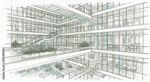 Architectural sketch of a modern multi-story office building interior with a central atrium, staircases, and green plants.