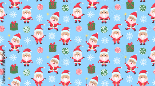 Seamless pattern with cute cartoon Santa Claus characters, green gift boxes, white snowflakes, and swirl candies on a bright light blue background