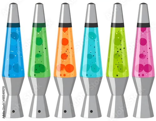 Cartoon-style illustration of six colorful lava lamps