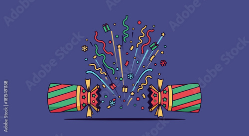 A Christmas cracker explodes with confetti, streamers, and sparks against a deep purple background.