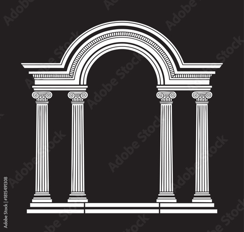 A white, detailed illustration of a grand classical archway featuring four fluted Ionic columns and an elaborate pediment against a black background.