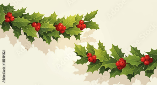 A festive garland of green holly leaves with bright red berries, casting a soft shadow on a cream-colored background.