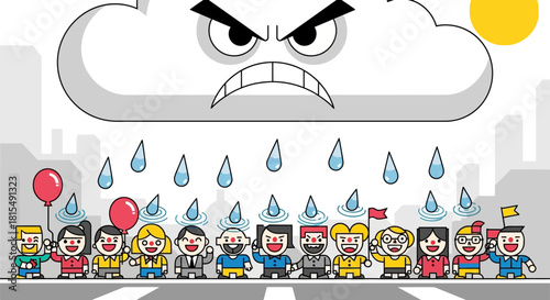 An angry cloud is raining on a group of diverse people standing on a crosswalk with balloons and flags.