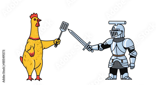 A cartoon chicken holding a spatula confronts a knight in armor wielding a sword in a humorous standoff.