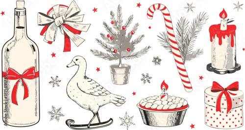 "A Christmas-themed illustration with tree, gifts, dessert, goose, bows, stars, and snowflakes."