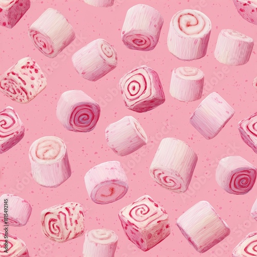 illustration of a seamless pattern with pink marshmallows in the form of rolls on a pastel background sweet pattern for packaging, design and decoration