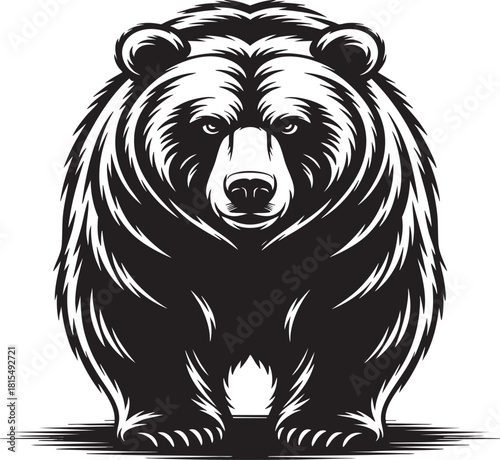 A powerful, detailed black and white illustration of a grizzly bear standing front and center, looking directly forward with an intense gaze.