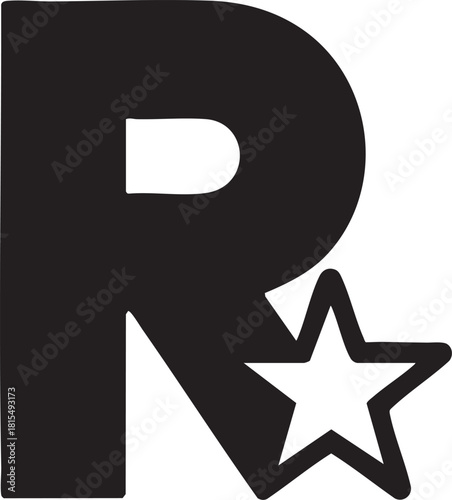 A minimalist black and white graphic featuring the iconic Rockstar Games logo, a stylized letter R with a star.