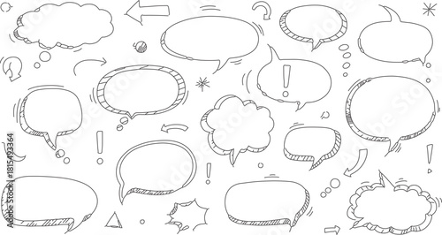 Collection of hand drawn speech bubbles and thought bubbles in black and white