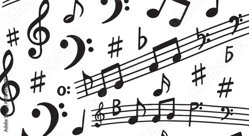 Hand drawn music notes and symbols on a white background