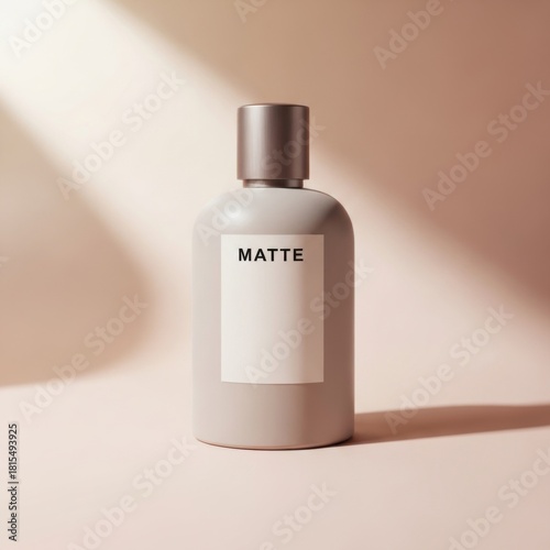 Minimalist matte grey cosmetic bottle with a label on a soft pink background