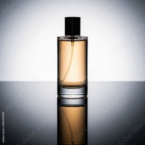 Elegant perfume bottle with amber liquid on reflective surface