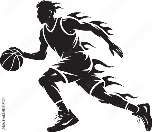 A black silhouette of a basketball player in motion, dribbling a ball with speed and intensity. Flames emanate from the player.