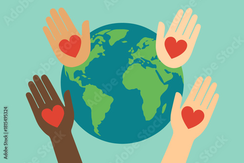 World Unity. Stylized globe surrounded by hands of different skin tones, each with a heart in the palm. The globe is centered, signifying global unity and support. The background