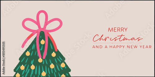 '' A decorated Christmas tree with a pink ribbon and a lit fireplace with festive text."