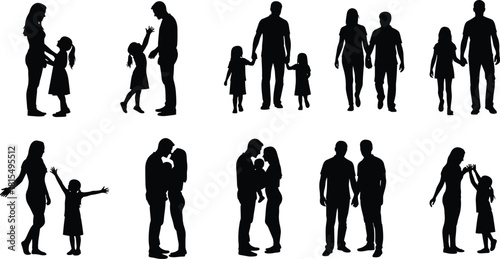 Collection of family silhouettes, loving parents with children, romantic couples, people standing together, isolated icons, cad drawing flat vector illustration.