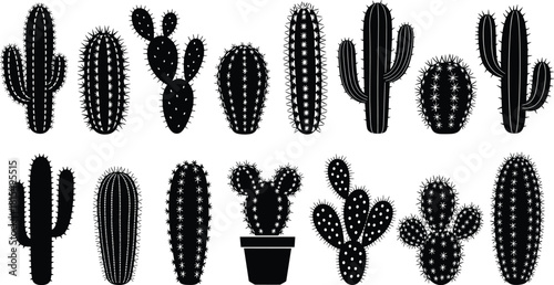Set of black cactus silhouettes, variety of desert plants with spines, saguaro and prickly pear, cad drawing flat vector illustration