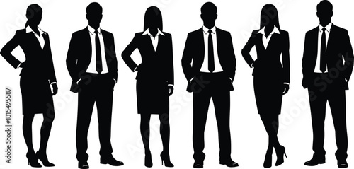 Corporate business team silhouettes set, professional men and women standing in row, office staff group, cad drawing flat vector illustration.
