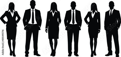 Group of six business people silhouettes, professional men and women team standing in row, suits and formal wear, isolated
