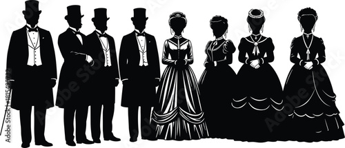 Historical fashion silhouettes, Victorian gentlemen in suits and ladies in gowns, antique period costume collection, cad drawing flat vector illustration.