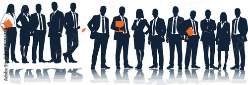 Large group of business people silhouettes, men and women corporate team standing in row, cad drawing flat vector illustration, isolated