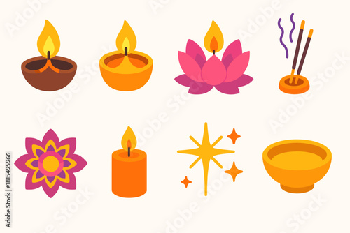 Diwali Festival Icons. Diwali Oil Lamps flat icons set. clay diya, glowing flame, lotus flower, incense sticks, rangoli pattern, candle, sparkle light, golden bowl