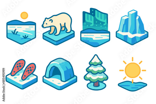 Arctic Icon Set. Arctic Horizon flat icons set. tundra plain, polar bear, aurora borealis, frozen cliffs, snowshoe tracks, ice cave, snow-laden spruce, cold sun