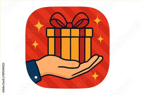 Gift of Joy. A hand reaches out to present a gift box with a ribbon, set against a vivid red backdrop with diagonal stripes and twinkling stars. The composition draws attention to
