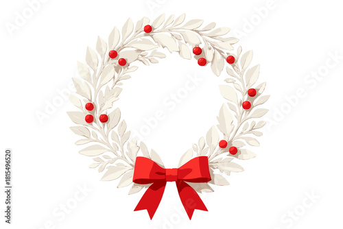 Paper-Cut Christmas Wreath. Decorative Christmas wreath made of white paper-cut leaves and red berries. The wreath is set against a plain background, emphasizing its intricate