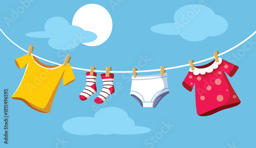 Clothes Hanging on a Line to Dry Vector Illustration. Family air drying their clothing outdoors on a clothesline 
