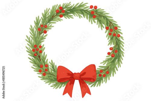 Festive Evergreen Wreath. Festive wreath made of evergreen branches, decorated with red berries and a large red bow. The circular arrangement symbolizes unity and the holiday