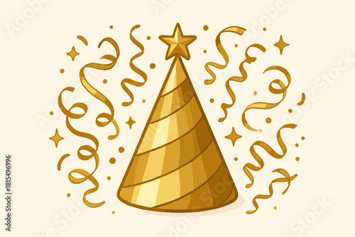 Golden Party Hat Celebration. Elegant party hat with a golden finish and a star-topped peak sits prominently in the scene, symbolizing festive gatherings. The hat is surrounded by