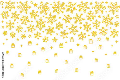 Golden Snowflakes Elegance. Delicate snowflakes crafted in gold cascade from the top, intermingling with stars that form a border. The snowflakes vary in size, creating a dynamic