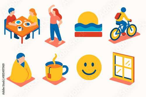 Everyday Isometric Icons. Everyday Moments flat icons set. shared meal, morning stretch, sunset view, bike ride, warm blanket, cup of tea, smile, window light