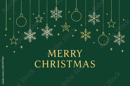Festive Gold Border. Line art stars and snowflakes are suspended alongside Christmas baubles, forming a cohesive decorative border. The central message is framed by these elements,