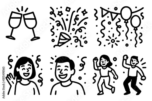 Festive Celebration Icons. Cheerful Gathering linear icon set. clinking glasses, confetti burst, party decor, balloons, smiling people, streamers, dance moves, vibrant light