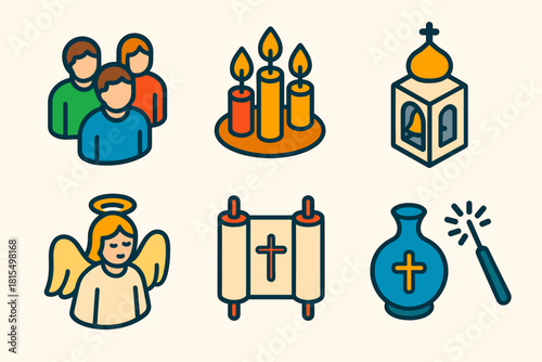 Orthodox Christmas Icons. Orthodox Christmas Holy Gathering flat icons set. congregation, lit candles, bell tower, scripture scroll, angel, holy water