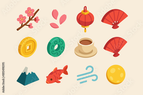 Festive New Year Icons. Lunar New Year Cherry Blossoms flat icons set. blooming branch, pink petals, red lantern, paper fan, gold coin, jade ornament, tea cup, folded fan, mountain