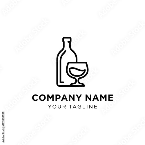 Minimalist wine bottle and glass line art logo design.