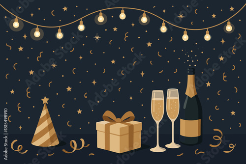 Elegant String Light Celebration. String lights form an elegant arch across the top, casting a gentle glow over the champagne and party setup. The lights are interspersed with tiny