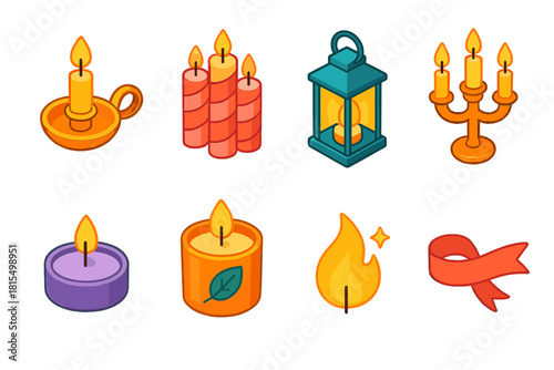 Vibrant Festive Candle Icons. Festive Candles Pack flat icons set. candle holder, trio of candles, lantern glow, candelabra, tea light, scented candle, flame sparkle, ribbon