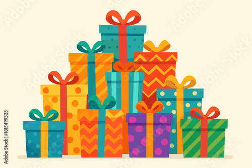 Festive Gift Pyramid. Arrangement of colorful gift boxes, each uniquely patterned with stripes, polka dots, and chevrons. The boxes are stacked in a pyramid, creating a sense of