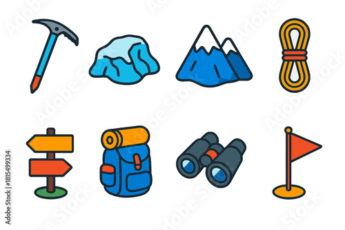 Alpine Adventure Icons. Alpine Adventure flat icons set. ice axe, glacier, snow-capped mountain, climbing rope, trail sign, backpack, binoculars, summit flag