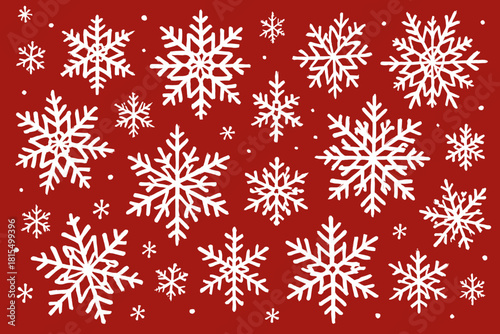 Delicate Snowflake Dance. Array of delicate, white paper-cut snowflakes drift gracefully across a rich red background, evoking a sense of winter wonder. Each snowflake is uniquely